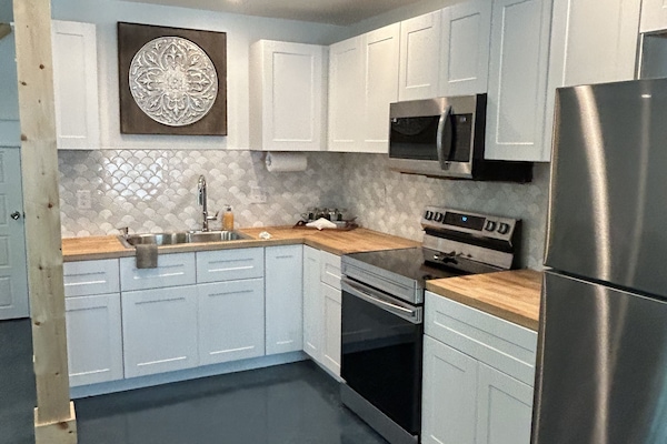 Frigorífico, microondas, horno y placa de cocina