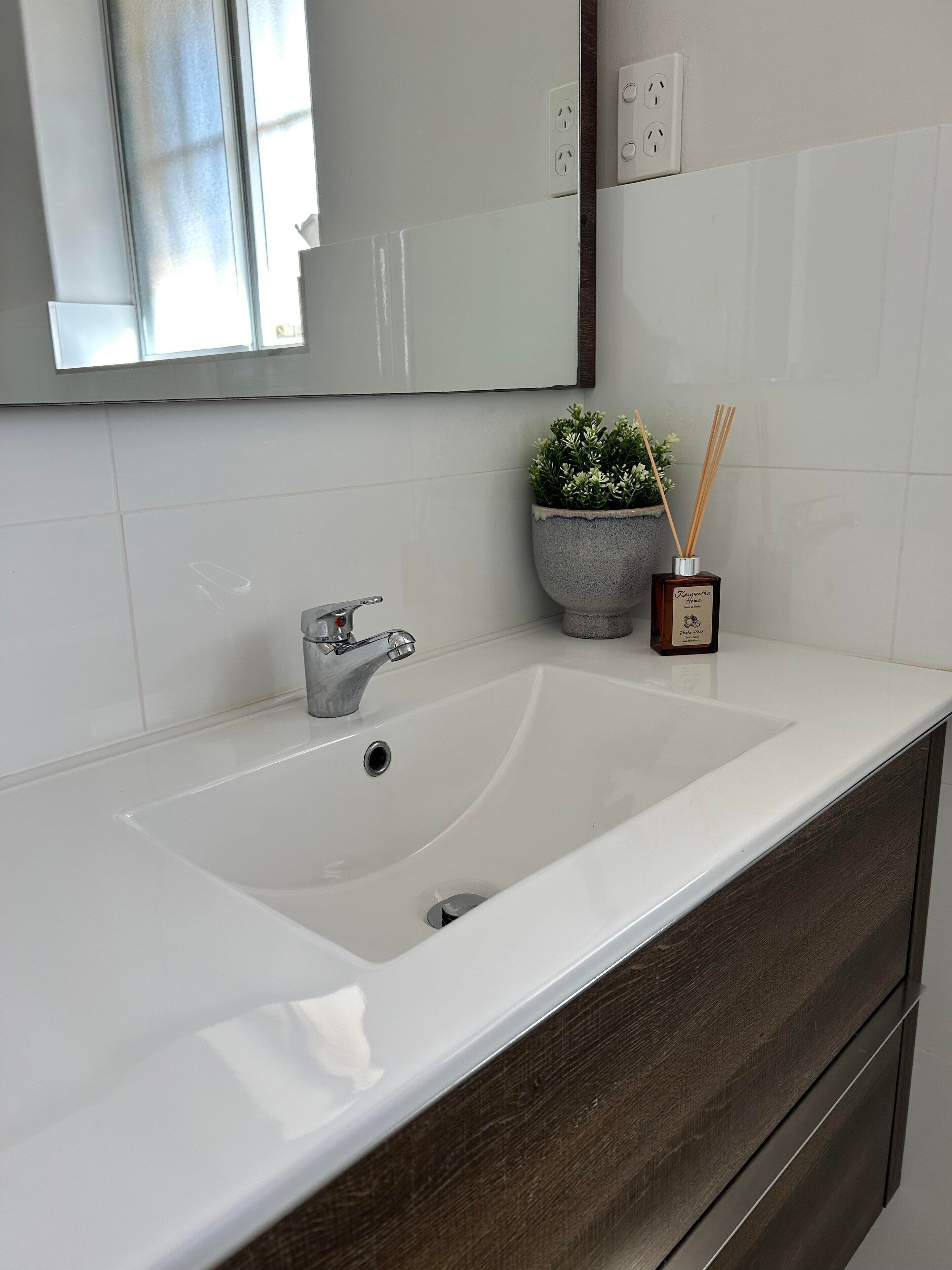 A bathroom with a white sink, a mirror, a potted plant, and a reed diffuser.