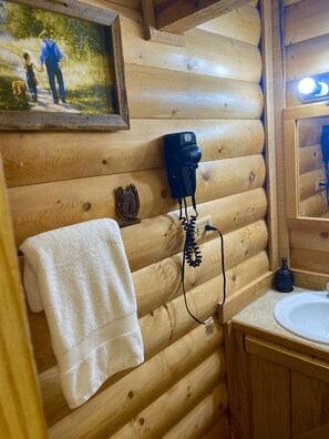 Hair dryer, towels, soap, shampoo