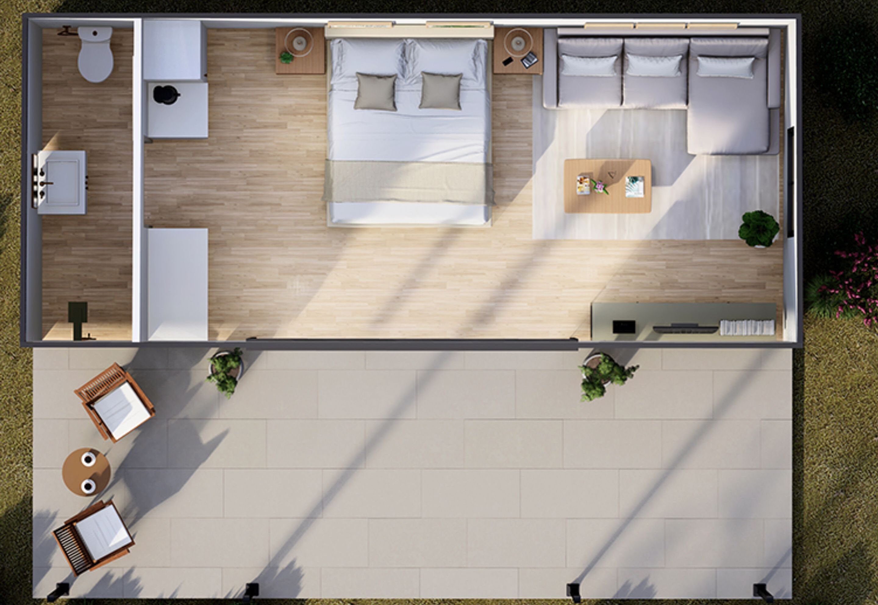 A top-down view of a modern hotel room with a bed, a sofa, a desk, a small bathroom, and a balcony with plants.