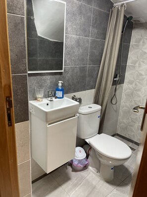 Dusche, Haartrockner, Handtücher, Seife