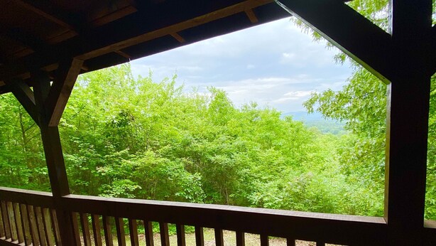 A wooden deck with a railing overlooking a forested area.