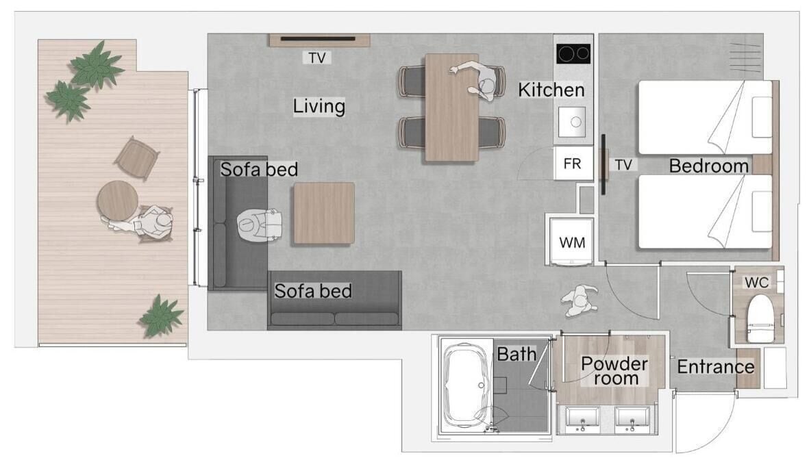Plànol d'una habitació d'hotel amb zona d'estar, cuina, dormitori, bany i lavabo.