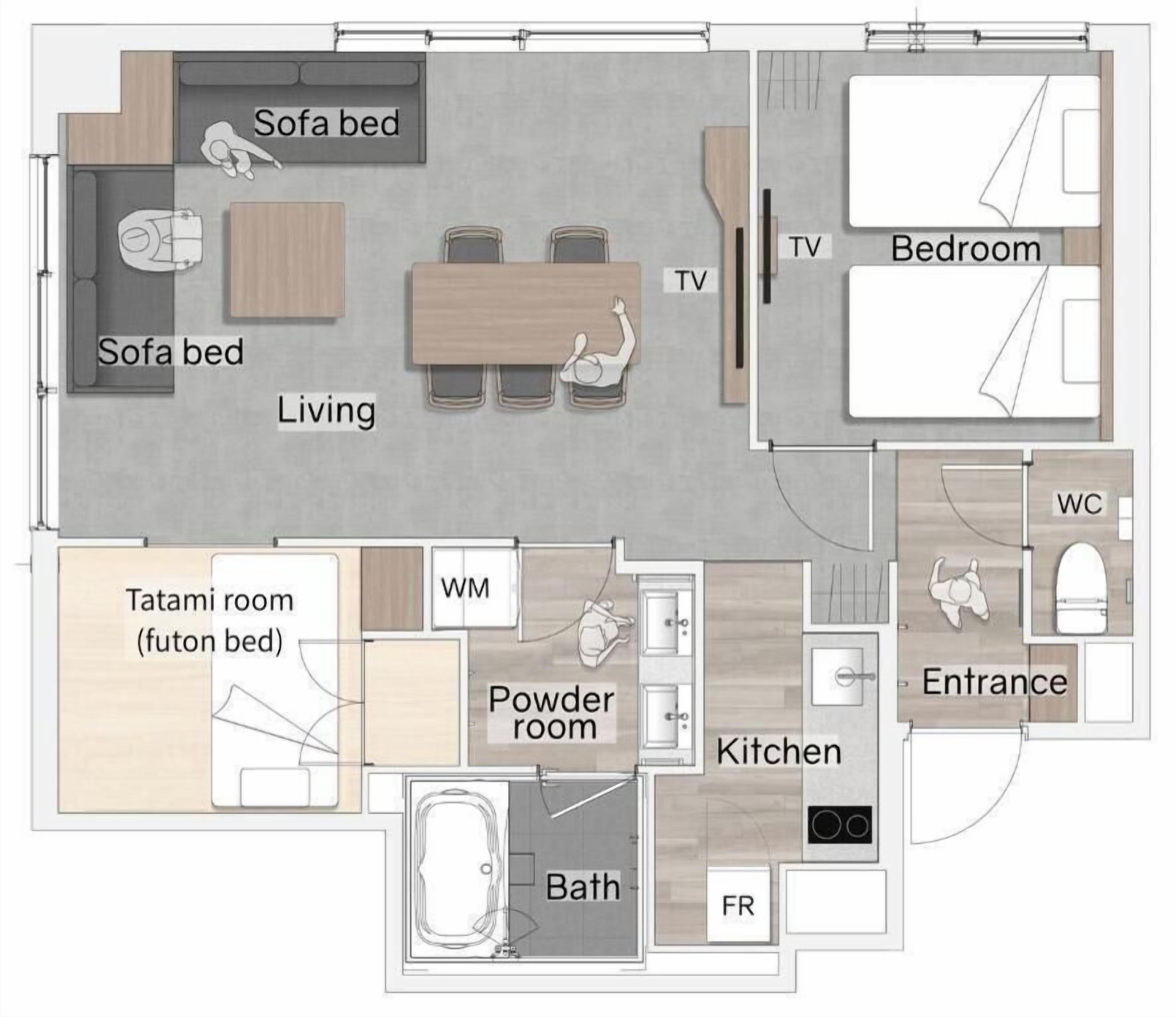 A floor plan of a hotel with a living room, sofa bed, tatami room, powder room, kitchen, bathroom, bedroom, and entrance.