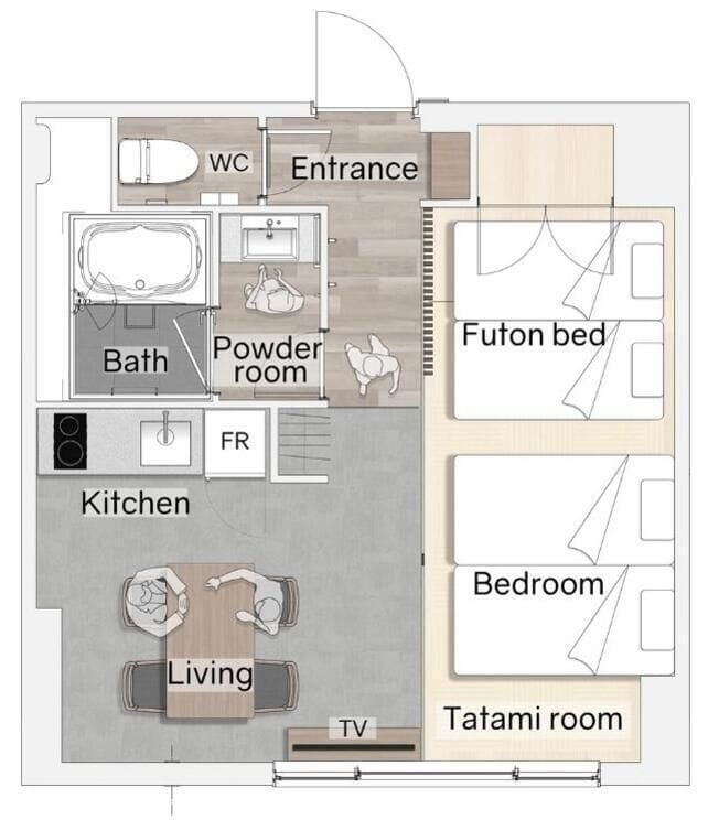 Planta baixa de um quarto de hotel com banheiro, lavabo, cozinha, sala de estar, quarto e sala de tatame.