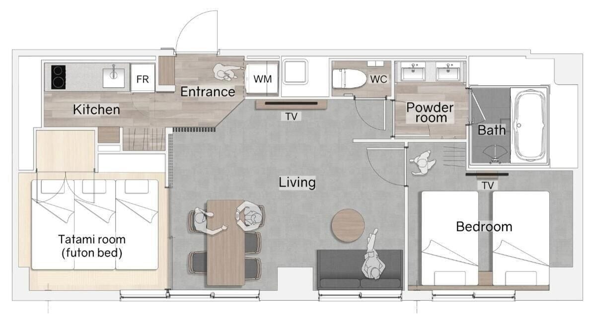 A floor plan of a hotel room with a kitchen, living area, bedroom, powder room, and bathroom.