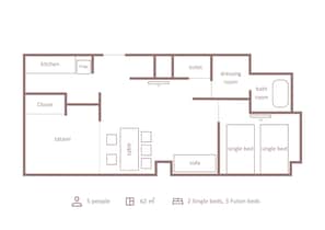 Compact apartment for 5 people, featuring a kitchen, tatami room, dining area, and 5 beds.
