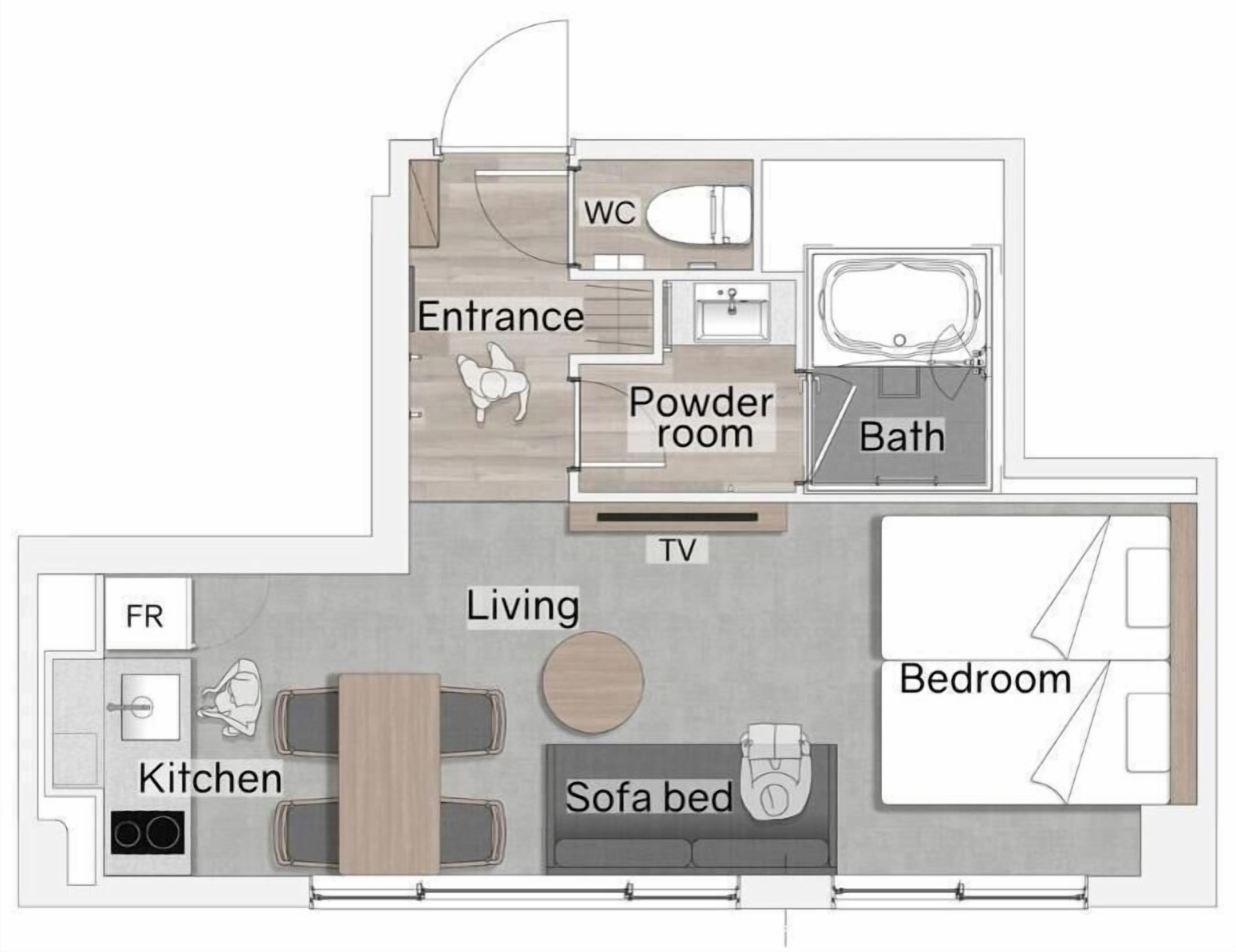 Plano de planta de una habitación de hotel con kitchenette, aseo, baño, sala de estar y dormitorio.