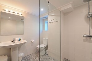 A bathroom with a glass shower enclosure, a sink, and a toilet.