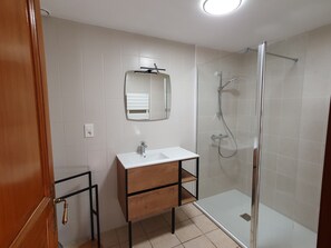 Regadera, secadora de cabello, toallas, papel de baño 