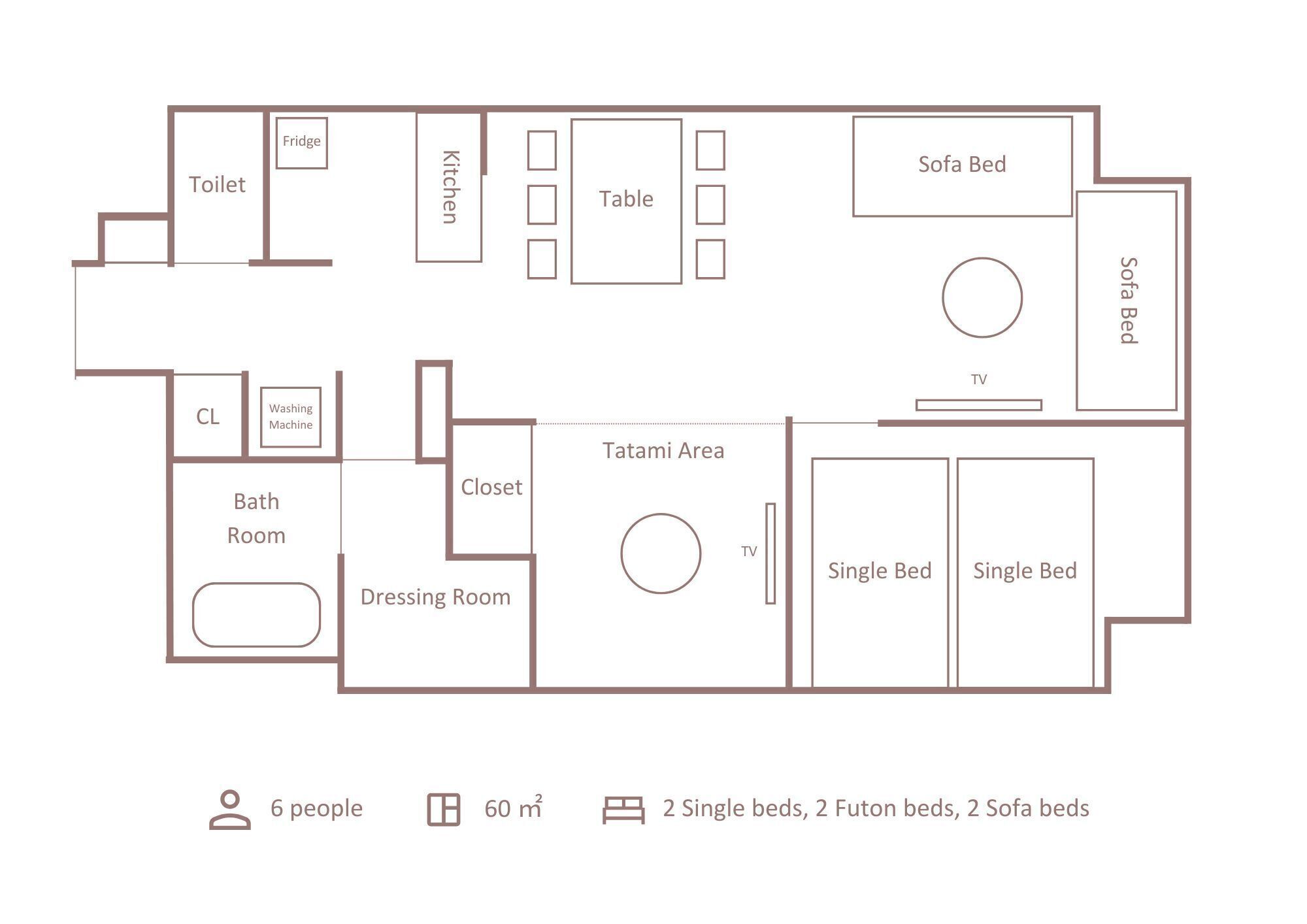 A floor plan of a 60 m² apartment with 6 people accommodation, including 2 single beds, 2 futon beds, and 2 sofa beds.