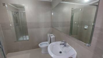 Un baño con inodoro, lavabo y cabina de ducha de vidrio.