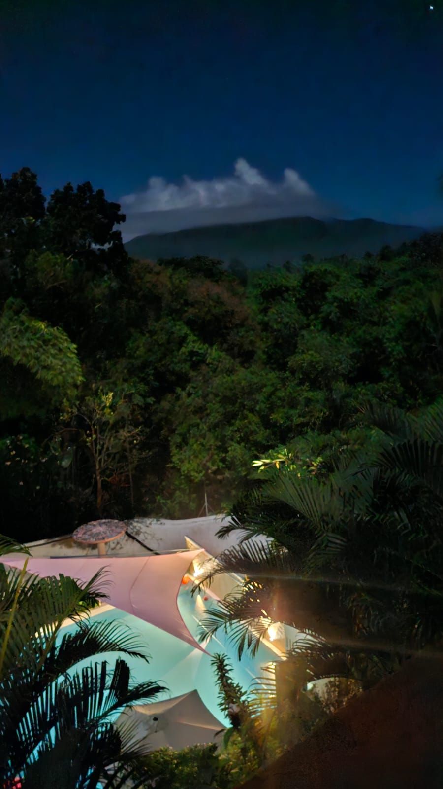 A nighttime view of a resort with a pool area surrounded by dense foliage and a mountain in the background.