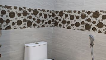Shower, bathrobes, slippers, towels
