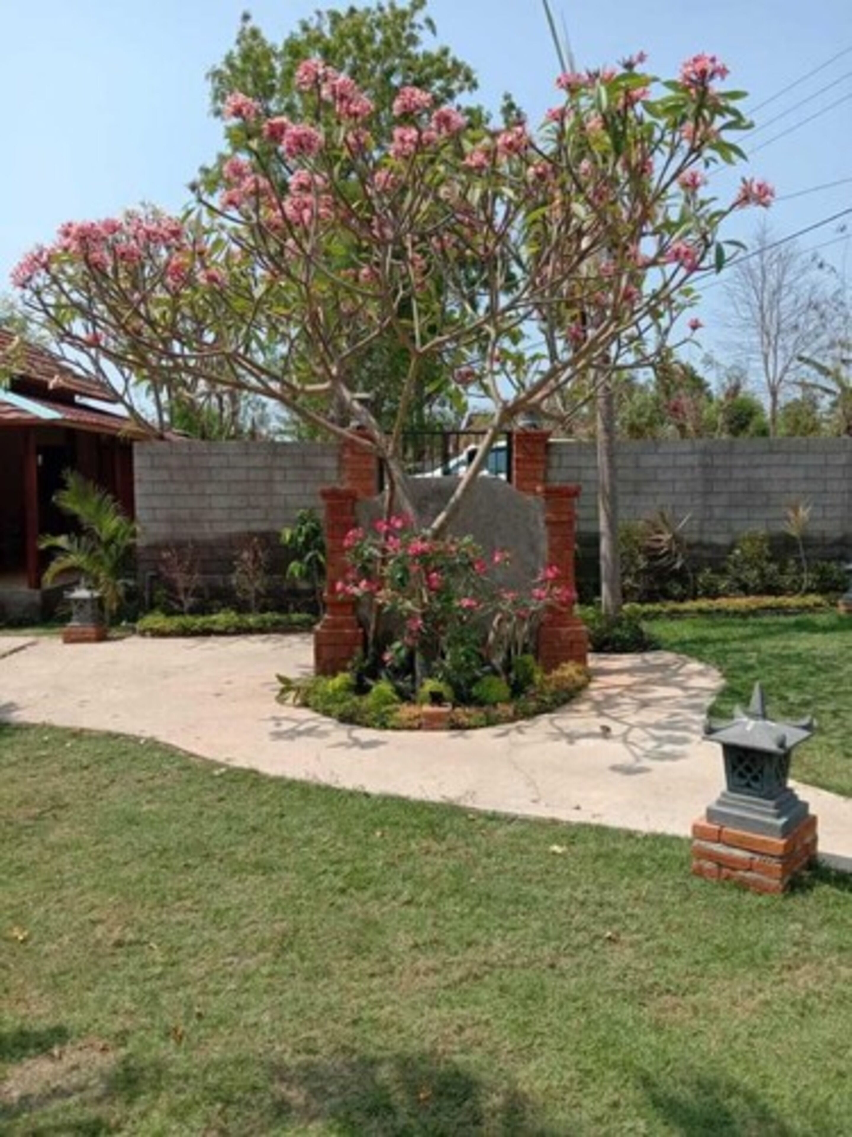 A garden with a tree, a stone structure, and a brick wall.