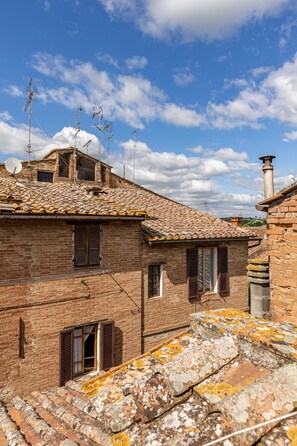 A traditional brick building with a tiled roof, multiple antennas, and a chimney. - Holiday Apartment 'Il Nido' with Air Conditioning and Wi-Fi (Buonconvento)