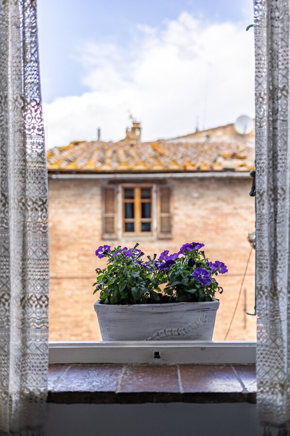 A window with a white pot of purple flowers, a brick building with a tiled roof, and a window with shutters in the background.