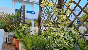 A garden with various plants and a wooden lattice structure. - Apartment 'La Terraza del Mar' with Sea View, Wi-Fi and Air Conditioning (Manilva)