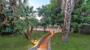 A pathway leading through a lush garden with palm trees and a stone wall. - 600 meters away from the sea, private pool, lush garden (Carini)