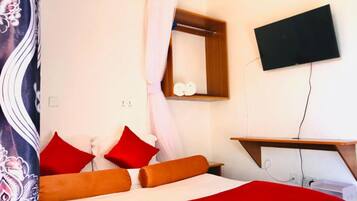 Desk, laptop workspace, free WiFi, bed sheets