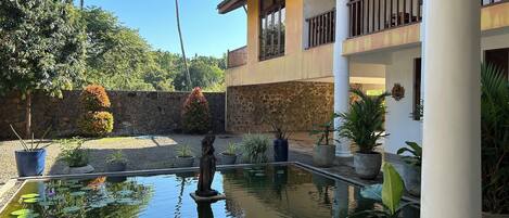 Un patio con piscina, plantas en macetas y un muro de piedra.