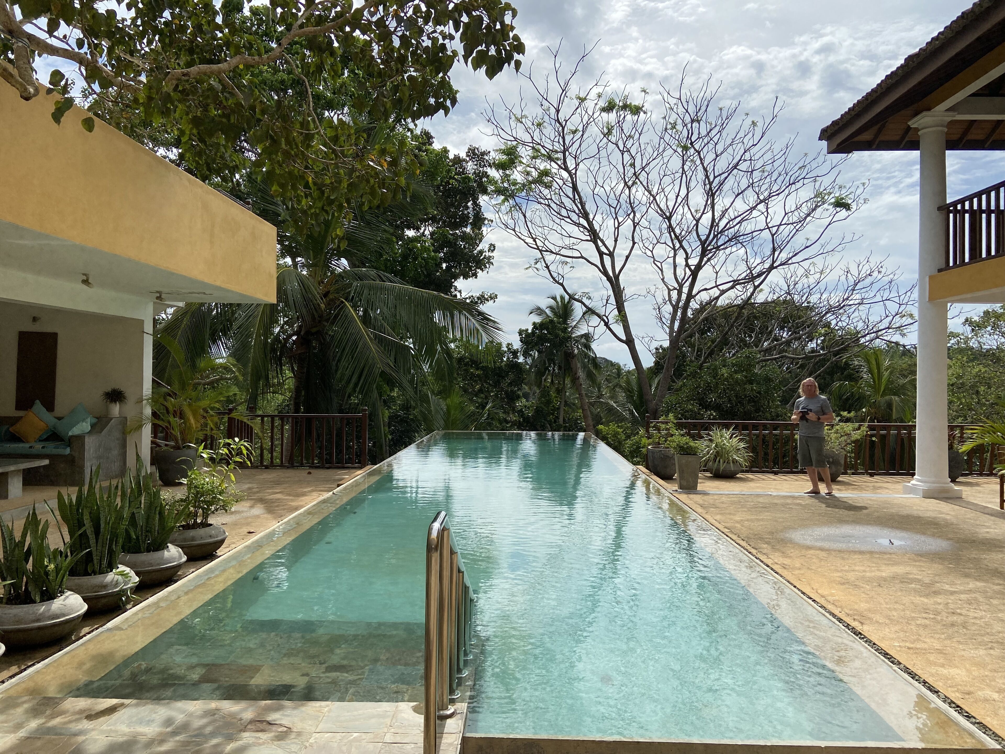 A swimming pool with a clear water surface, surrounded by potted plants and trees.