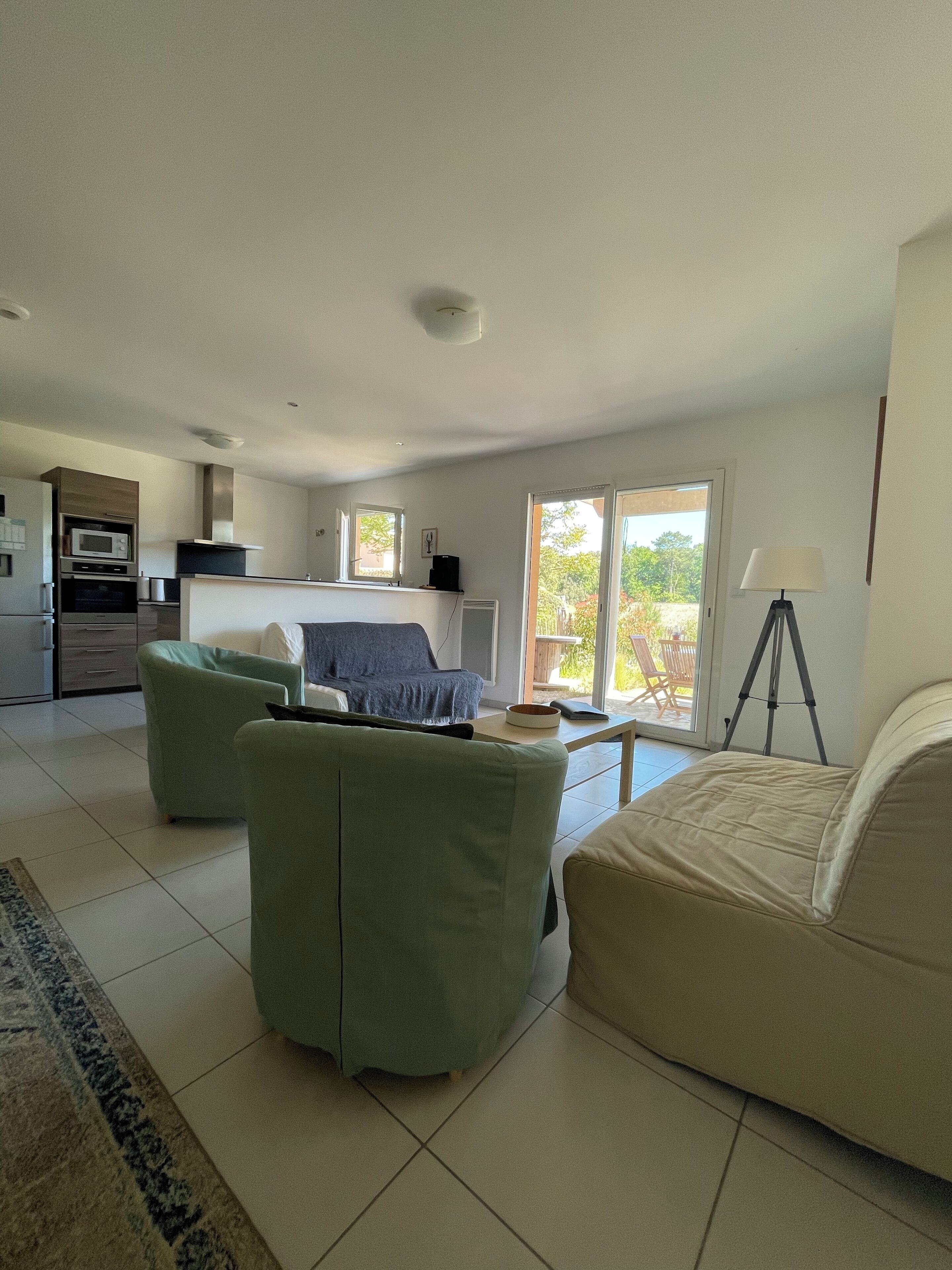 Télévision, cheminée, lecteur de DVD, livres