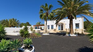 A building with a white facade, a covered patio area, and several palm trees in the foreground. - Casa Atlantico  (Tías)