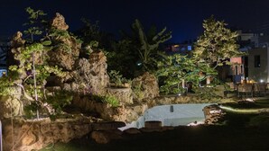 A nighttime garden with rock formations, a small pond, and illuminated plants.