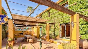 Een overdekt terras buiten, met gele muren, planten in potten en een houten pergola.