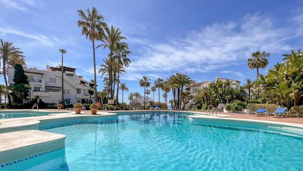 A clear blue pool surrounded by palm trees and a building with balconies.