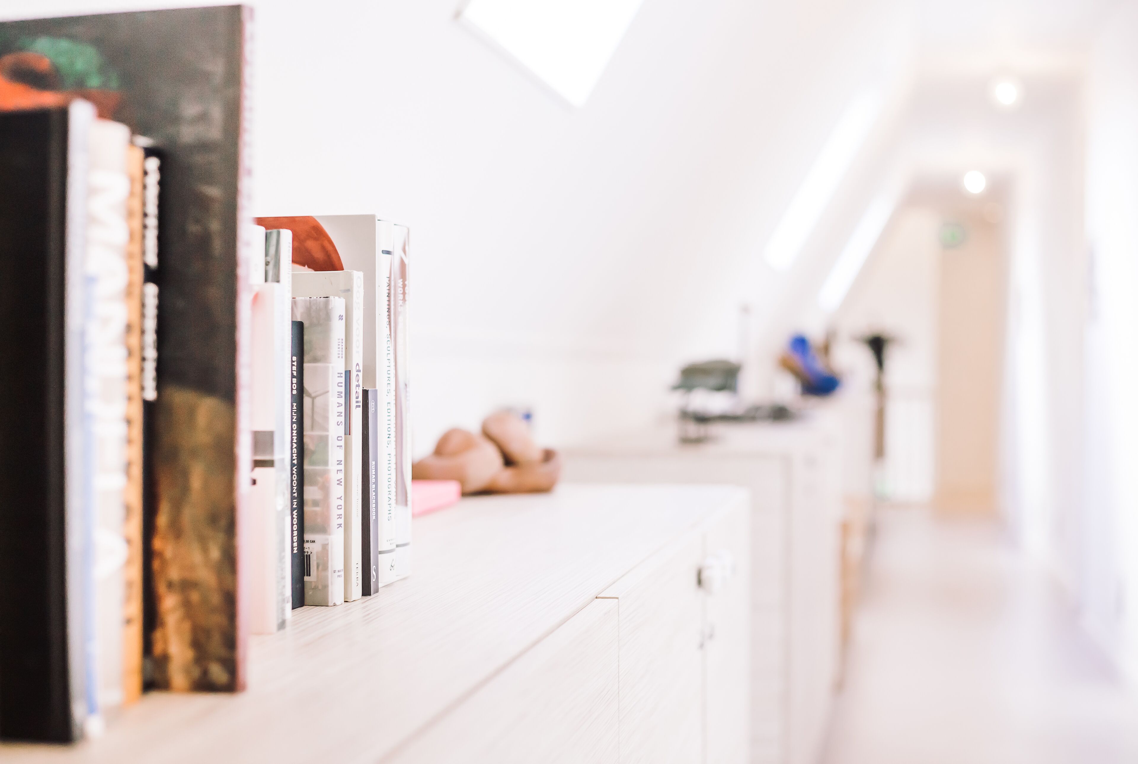 Un passadís ben il·luminat amb una taulell de recepció blanca, una prestatgeria amb diversos llibres i un parell d'unes xules damunt el taulell.