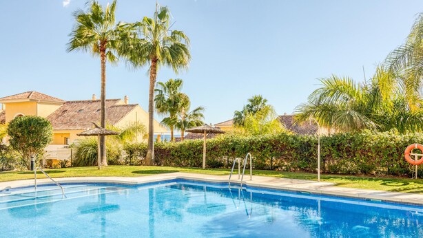 Una piscina rodeada de palmeras y un seto, con un flotador visible.
