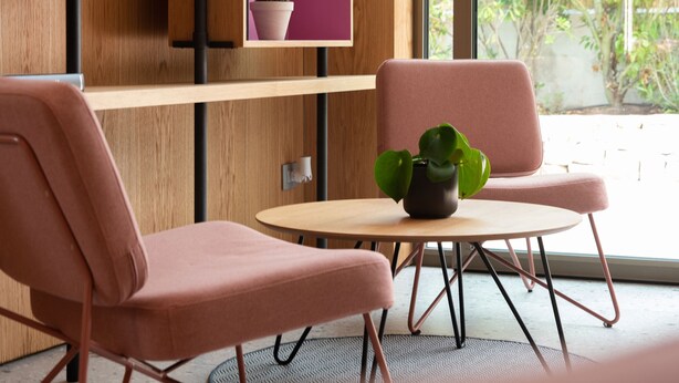Un interior moderno con una silla rosa, una mesa redonda y una estantería de madera con una planta en maceta.