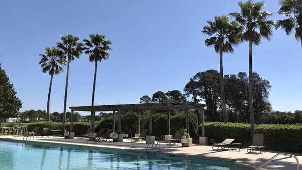 A pool with lounge chairs and a pergola, surrounded by palm trees and a clear sky. - Peninsula Links B102 (Gulf Shores)