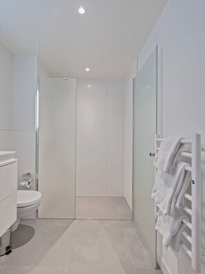 Shower, hair dryer, heated floors, towels