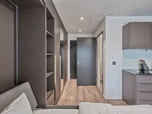 A modern bedroom with a wooden floor, a bed, a wardrobe, and a kitchenette with a countertop and utensils.