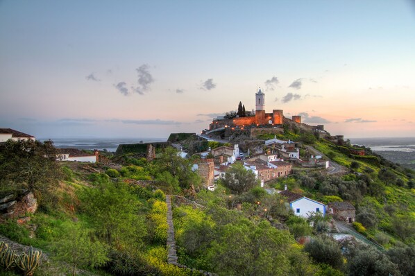 Un pueblo histórico con un castillo imponente en una colina, rodeado de abundante vegetación y edificios tradicionales.