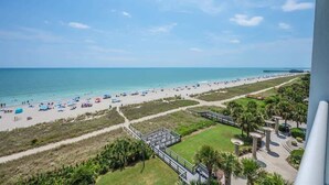 A beach with a pier, a walking path, and a grassy area with palm trees. - Direct Oceanfront Amazing Views In Camelot Resort! (Myrtle Beach)