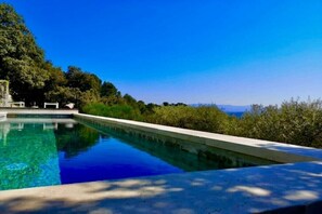 A rectangular swimming pool with clear blue water, surrounded by lush greenery and trees.