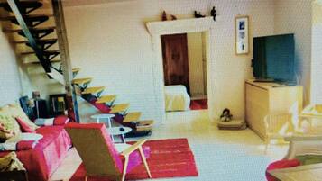 Televisie, een open haard, boeken en een printer