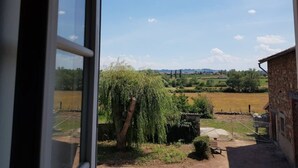 A view from a room with a large window overlooking a rural landscape with fields, a weeping willow tree, and a stone building. - Chez Arnaud (Saint-Jean-Saint-Maurice-sur-Loire)