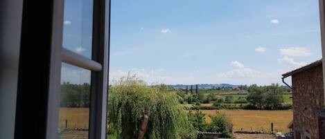 Blick aus einem Zimmer mit großem Fenster auf eine ländliche Landschaft mit Feldern, einer Trauerweide und einem Steinhaus.