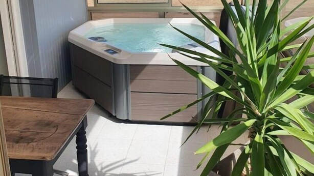 A hot tub in a room with large windows, a table, and a potted plant. - Chez Arnaud (Saint-Jean-Saint-Maurice-sur-Loire)