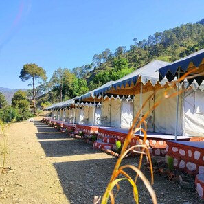A row of tents with a gravel path leading to them, set against a backdrop of trees and hills. - Hill Springs Resort And Cafe (Rajgarhi)