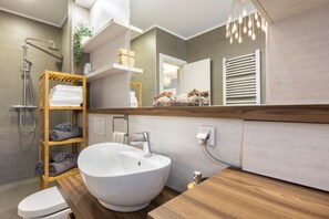 Shower, free toiletries, hair dryer, towels