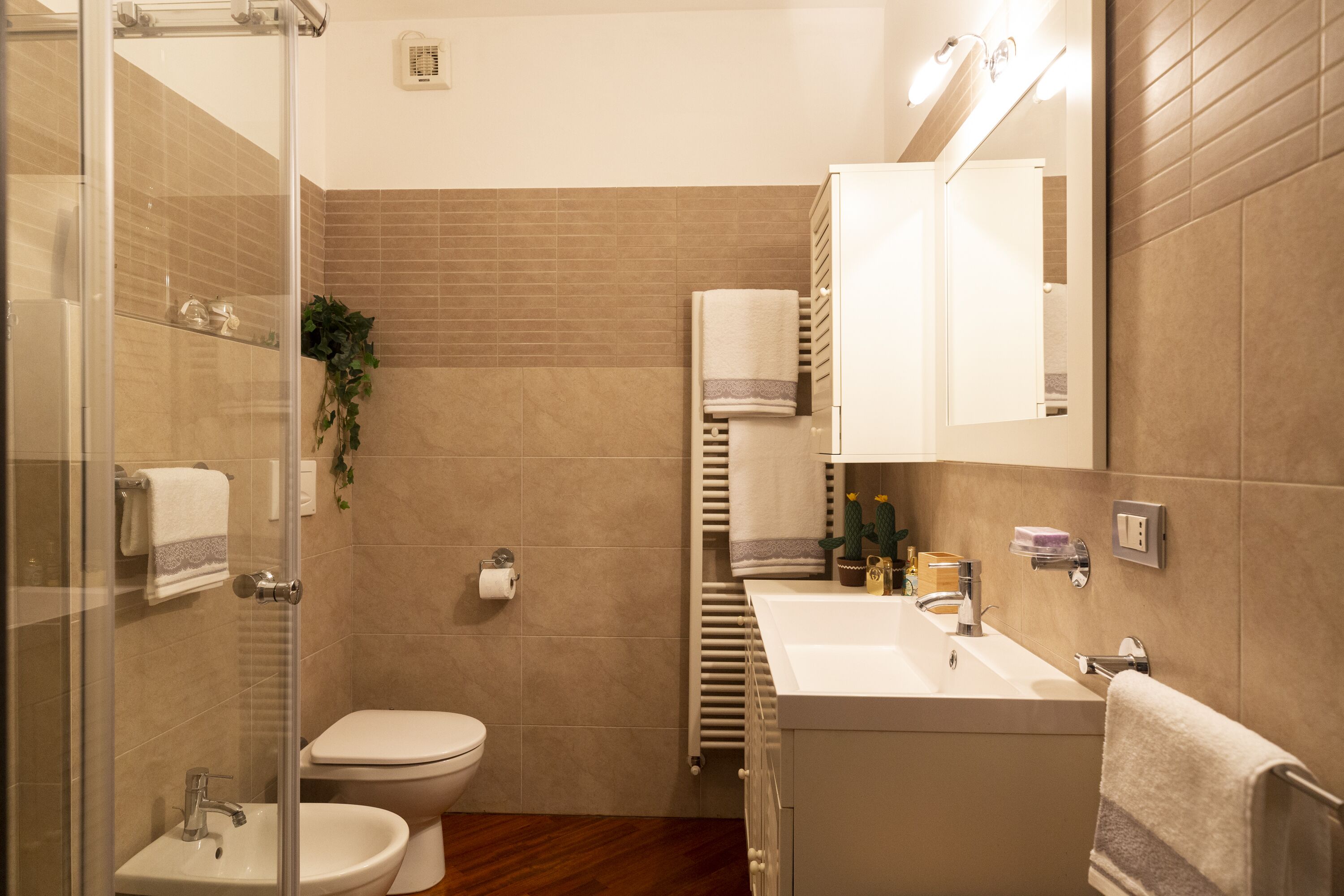 Une salle de bain moderne avec une douche à parois de verre, un lavabo blanc, des toilettes et un meuble-lavabo avec un miroir.
