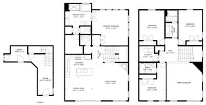 A floor plan of a hotel with three bedrooms, a primary bathroom, a primary bedroom, a kitchen, a dining area, a living room, a foyer, and a hall. - Modern Mountain Retreat Sleeps 10 Park City (Hideout)