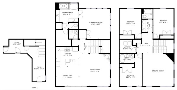 Plano de planta de un hotel que incluye tres recámaras, un baño principal, un dormitorio principal, una cocina, un comedor, una sala de estar, un vestíbulo y un pasillo.