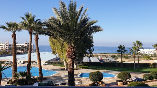 Un complexe hôtelier doté de plusieurs piscines, de palmiers et offrant une vue sur la mer.
